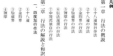 凡例
第一章　行法の概説
     ①十八道加行作法
　　②十八道の行法
　　③金剛界の行法
　　④胎蔵界の行法
　　⑤護摩の行法　
　　⑥伝法灌頂の行法
　　⑦中院流独自の行法
第二章　行法の解説と和訳
　一、四度加行作法
     ①十八道
　　②金剛界
　　③胎蔵界
　　④護摩
